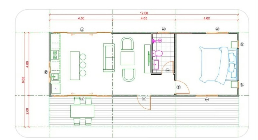 ผังการจัดพื้นที่ SH-002 แสดง 1 ห้องนอน 1 ห้องน้ำ