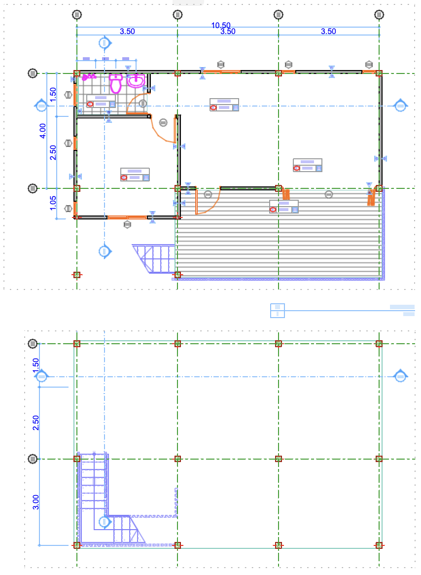 แปลน SH-003 แสดงผังชั้นบนและใต้ถุน พร้อมตำแหน่งบันได